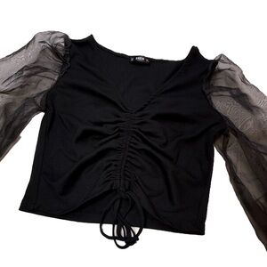 Black Ribbed Ruched Mesh Sleeve Crop Top SHEIN